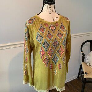 Johnny Was Top yellow embroidered kikumi boho artsy festival